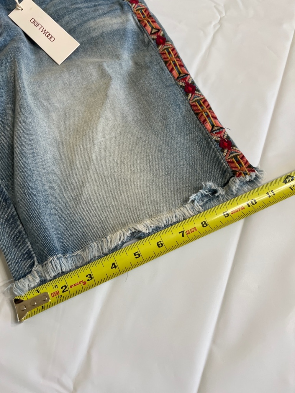 DRIFTWOOD Light Blue Denim Shorts with Red Embroidered Trim - Picture 12 of 15